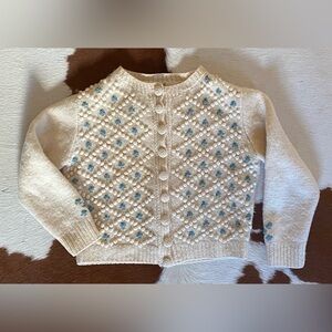 Vintage Hand Knit Cream and Blue Patterned Women's Cardigan No Tag. - Small